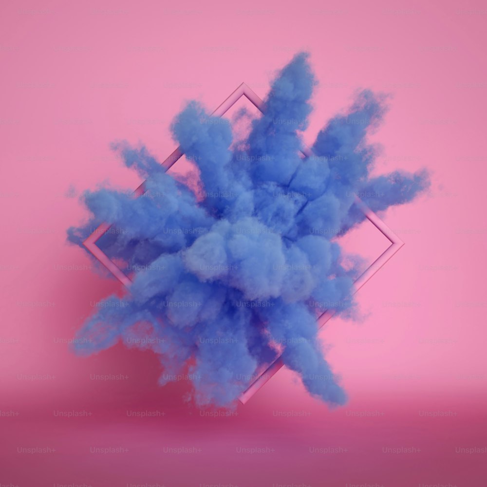 3Dレンダリング、ピンクの背景にふわふわの青い雲、ほこりや霧、菱形フレーム内のオブジェクト