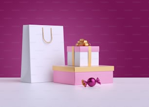 Renderizado 3D. Bolsa de compras, caja de regalo envuelta, caramelos aislados sobre fondo rosa. Concepto comercial, maqueta de cartel. Visualización del producto para publicidad.