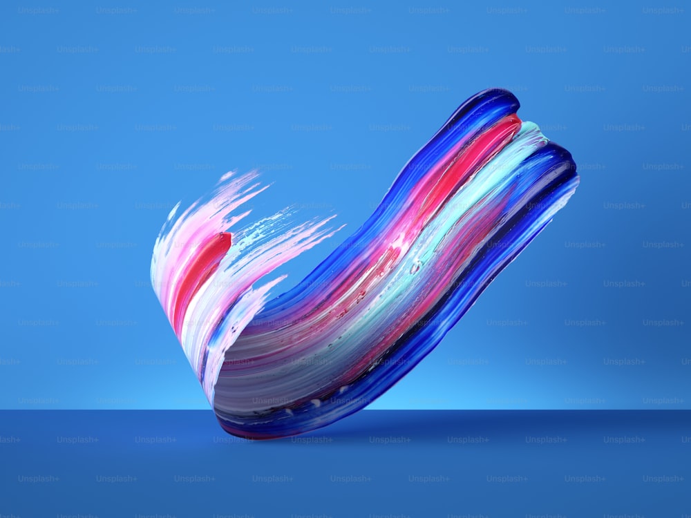 Renderizado 3D, colorido objeto de mancha de gouache aislado sobre fondo azul, pincelada de cinta curva pincelada raya clip art, diseño creativo minimalista moderno