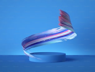 Rendering 3D, oggetto colorato a guazzo a spirale dietro il podio vuoto isolato su sfondo blu, clip art di vernice acrilica, vetrina a pennellata, piedistallo vuoto, spazio di copia per l'esposizione del prodotto