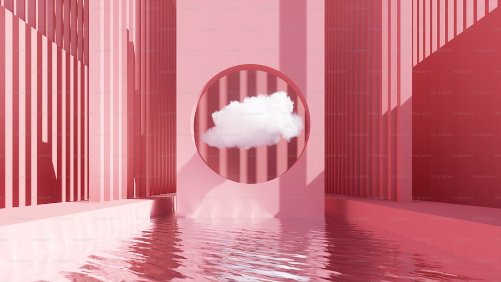 Rendering 3D, sfondo astratto urbano minimale. Nuvola bianca levitare all'interno del buco rotondo nel muro, piscina con acqua. Architettura moderna. Carta da parati rosa moda