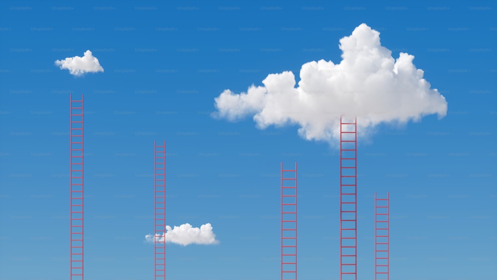 3D-Rendering, viele rote Leitern erreichen die weiße Wolke am blauen Himmel. Erfolgsmetapher, surrealer Traum, Chancen- oder Wahlkonzept