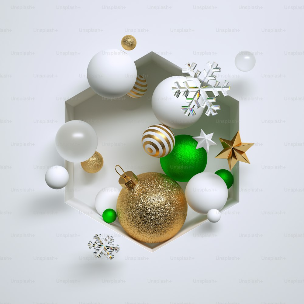 3d 렌더링, 크리스마스 황금색과 녹색 유리 공, 계절 장식품, 크리스탈 눈송이 및 별, 흰색 육각형 틈새 안에 배치됩니다. 추상적인 축제 기하학적 배경