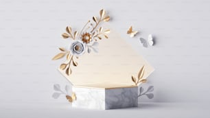 3D-Rendering, leere Bühne mit quadratischem Rahmen, der mit goldenen und weißen Papierblumen verziert ist, isoliert auf weißem Hintergrund. Vitrine mit leerem Podium und Blumenarrangement, kommerzielles Produkt-Display-Mockup