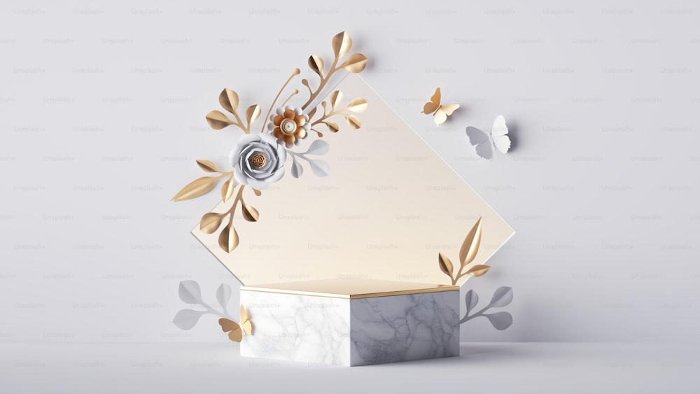 Render 3D, palcoscenico vuoto con cornice quadrata decorata con fiori di carta oro e bianchi, isolato su sfondo bianco. Vetrina con podio vuoto e composizione floreale, mockup di esposizione di prodotti commerciali