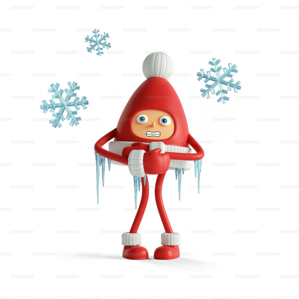 3Dレンダリング。白い背景に雪片を持つおかしな凍ったクリスマスのおもちゃ、季節のクリップアート。赤い帽子と白いポンポンのマスコット。かわいい小さなサンタヘルパー。