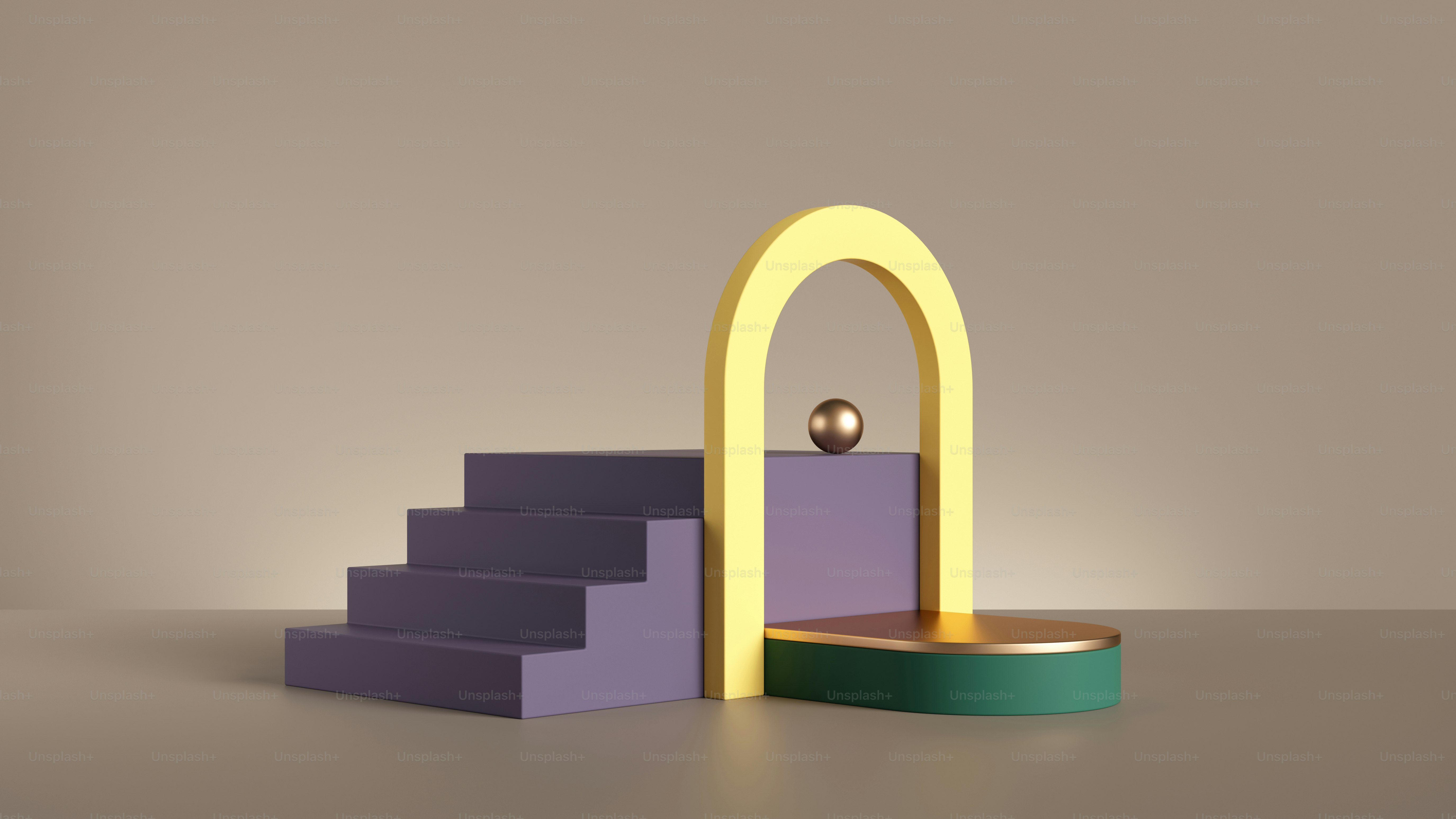 Rendu 3D, arrière-plan abstrait avec composition géométrique colorée. Aire de jeux avec marches, blocs et arche. Scène de vitrine moderne pour la présentation des produits