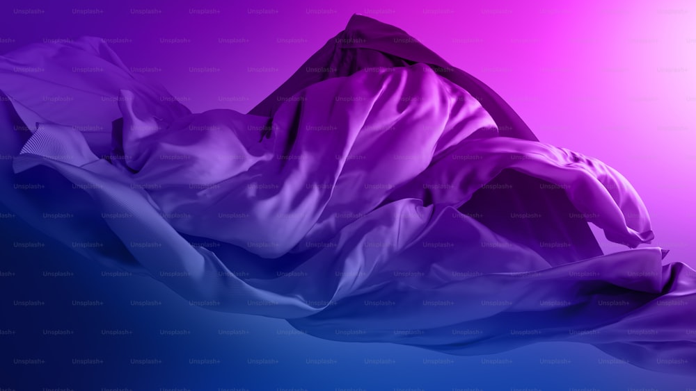 3d render. Abstract folded cloth, silk textile, neon pink blue drapery ultraviolet background