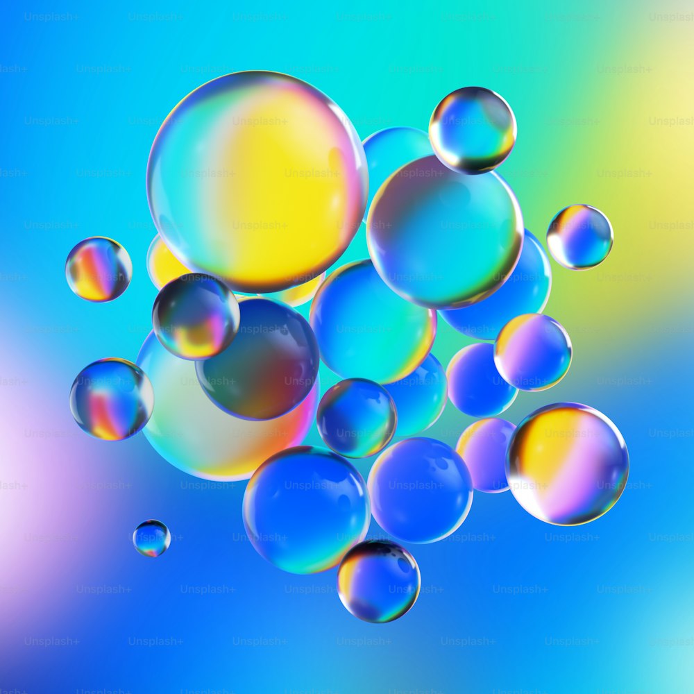 Rendering 3D, sfondo colorato astratto con sfere di vetro o bolle iridescenti, macro scientifico