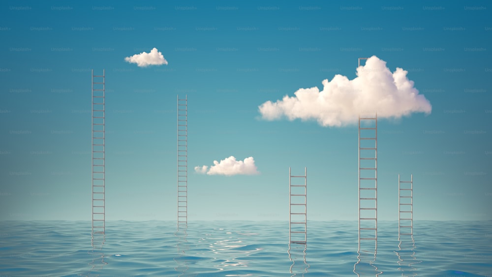 3d render, Surreal seascape with ladders in the middle of the sea. Panoramic wallpaper with white clouds in the blue sky above the water. Modern minimal abstract background