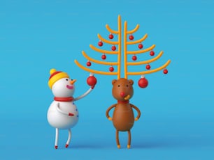 3d render, digital illustration, cartoon characters, snowman decorating deer horns, funny Christmas tree, isolated on blue background, holiday greeting card