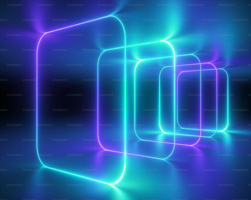3d render, abstract neon background, holographic layers, rounded square frames, virtual reality technology