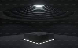 Rendering 3D, sfondo astratto nero, modello di piattaforma di vetrina, plafoniera bianca, stanza buia vuota, stand quadrato, podio
