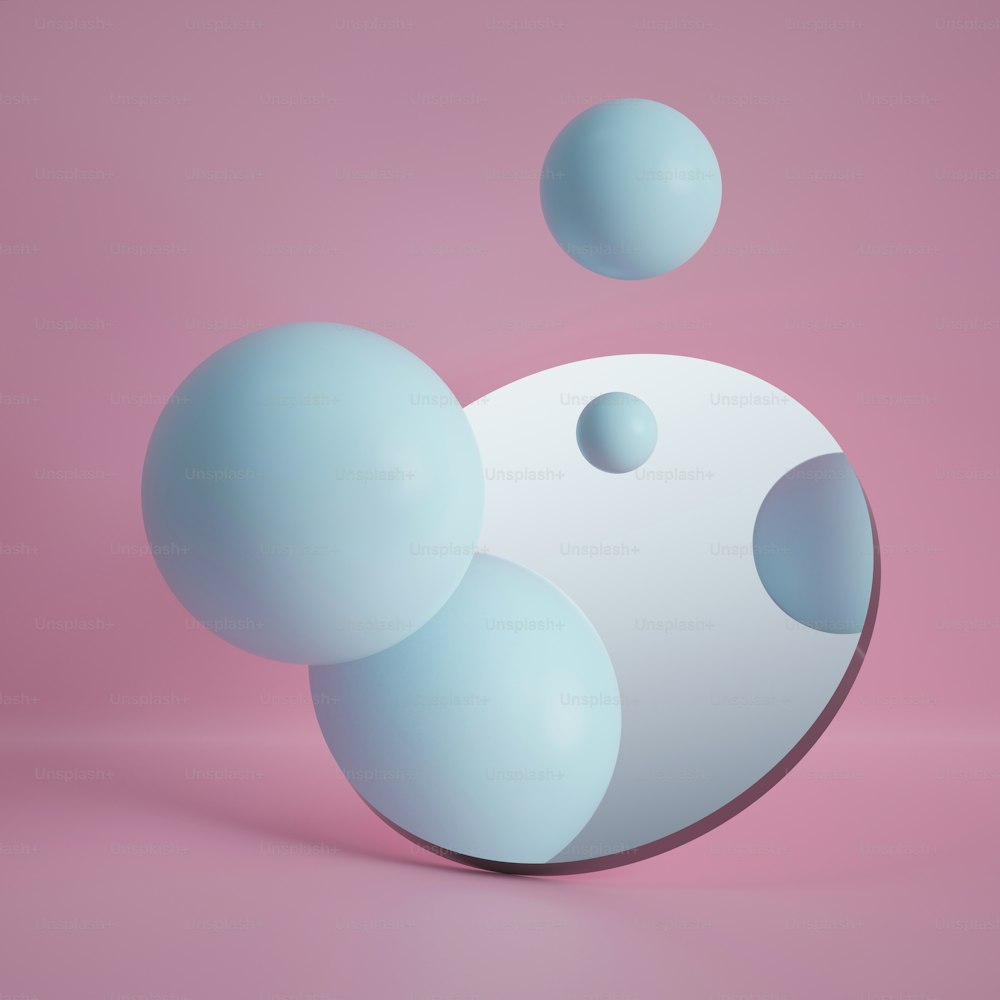 3d render, pastel blue balls reflecting in round mirror isolated on pink background, abstract concept