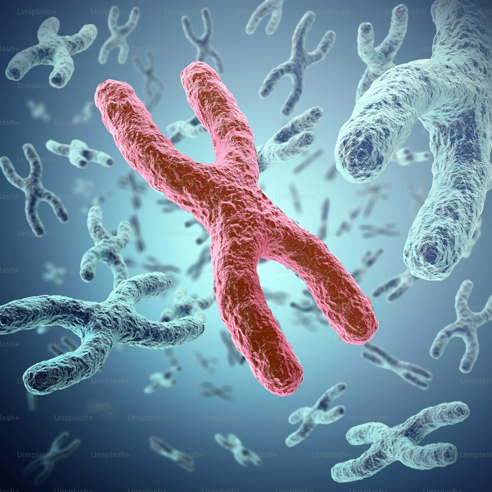 Cromosoma X, rosso al centro, il concetto di infezione, mutazione, malattia, con effetto di messa a fuoco. Illustrazione 3D