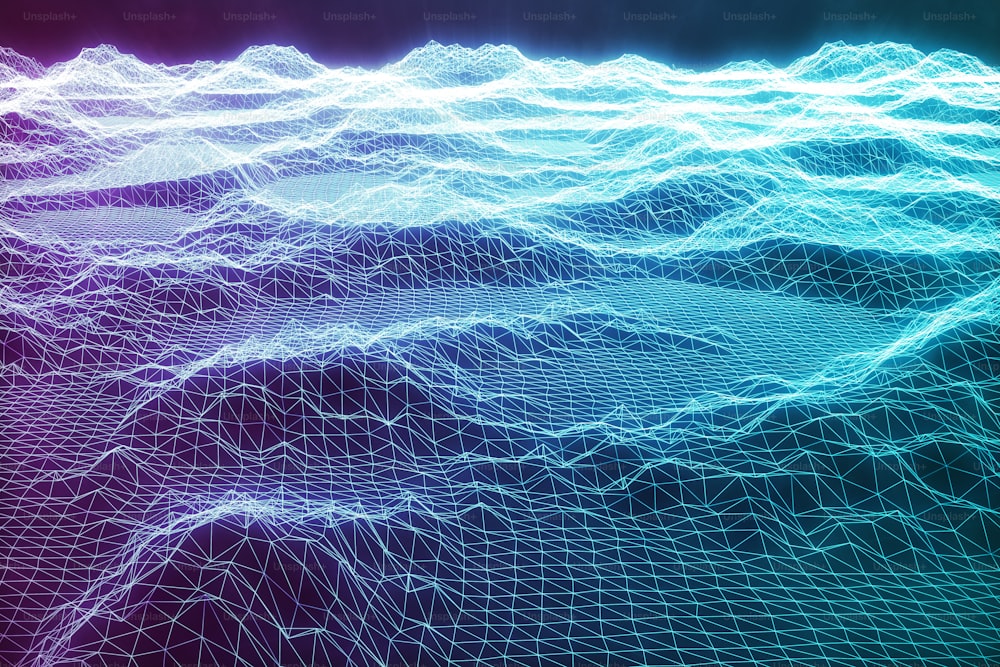 3D-Illustration abstrakte blaue Landschaft bacgkround. Cyberspace-Netz. Konzept Internetverbindungen im Cloud Computing