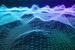 Illustrazione 3D paesaggio digitale wireframe astratto. Griglia del paesaggio del cyberspazio. Tecnologia 3D. Connessione internet astratta nel cloud computing, paesaggio blu della rete di comunicazione.