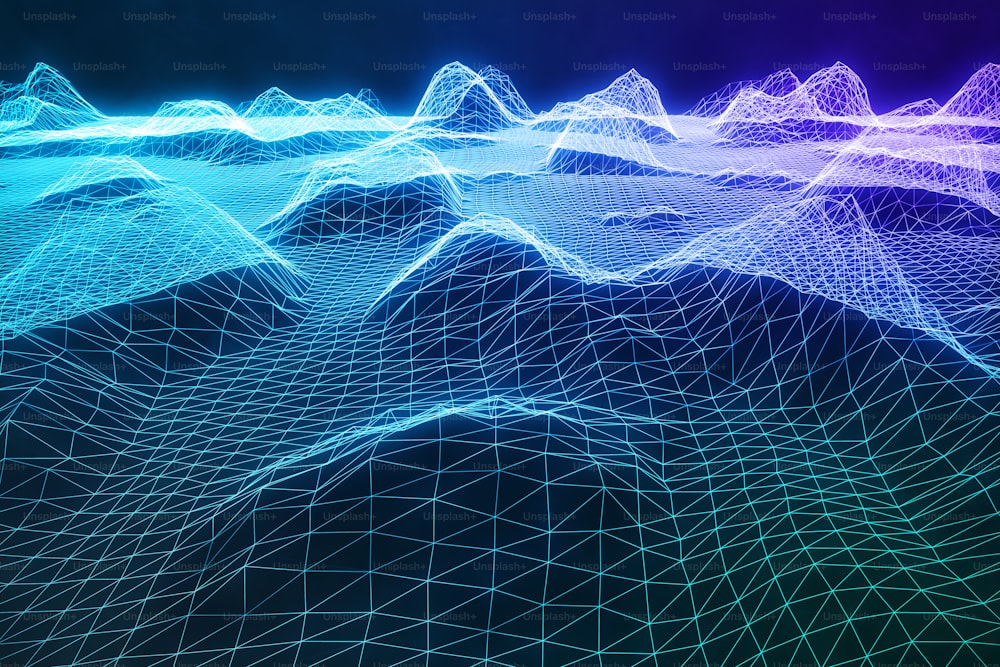 3Dイラストの抽象的なデジタルワイヤーフレームの風景。サイバースペースランドスケープグリッド。3Dテクノロジー。クラウドコンピューティングにおける抽象的なインターネット接続、通信ネットワークの青い風景。
