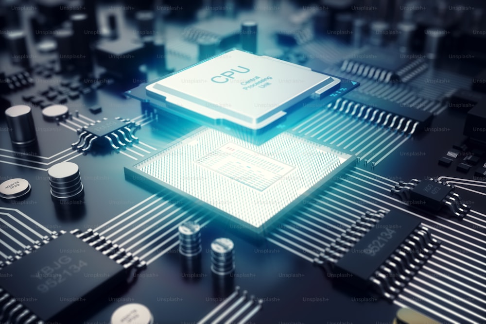 3D rendering Circuit board. Technology background. Central Computer Processors CPU concept. Motherboard digital chip. Tech science EDA background. Integrated communication processor. Information CPU engineering