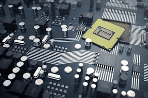 3D-Rendering CPU-Konzept für zentrale Computerprozessoren. Elektroniker für Computertechnik. Computerplatine, Chipschaltung, CPU-Kern, Hardware-Konzept, elektronisches Gerät, Motherboard, Halbleiter