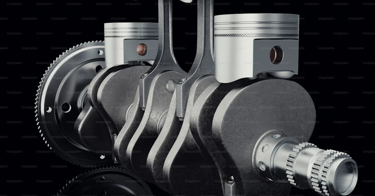 V4 engine pistons and cog on black background. Pistons and crankshaft ...