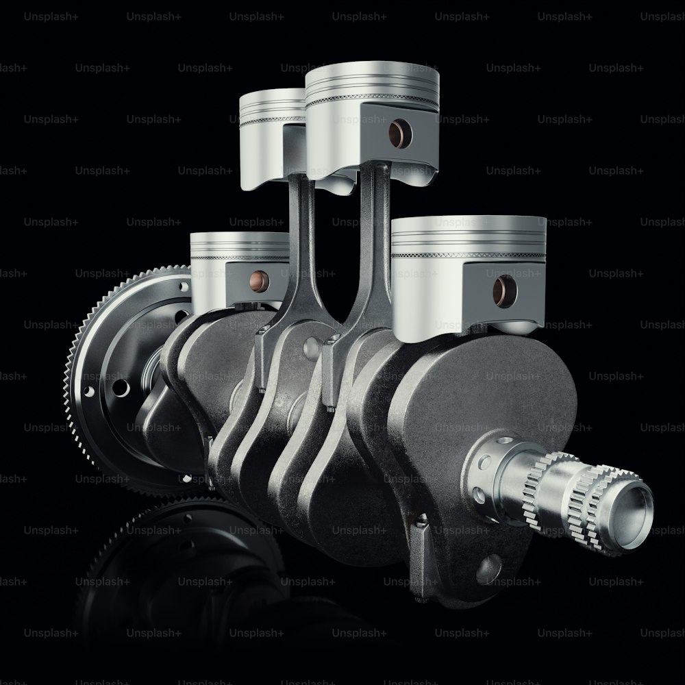 V4 engine pistons and cog on black background. Pistons and crankshaft. Four cylinder engine. V4 Car engine. Concept of modern car engine. 3D rendering