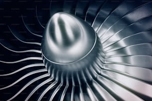 3D Rendering jet engine, close-up view jet engine blades. Blue tint