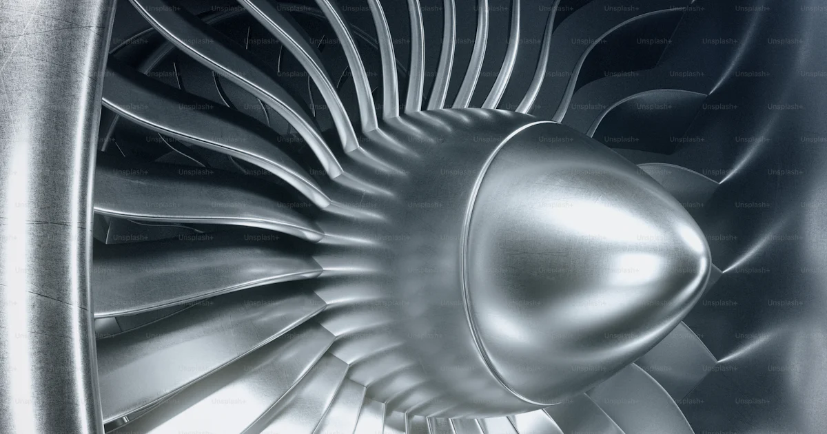 3D Rendering jet engine, close-up view jet engine blades. Blue tint ...