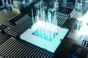 3D illustration computer chip, a processor on a printed circuit board. The concept of data transfer to the cloud. Central processor in the form of artificial intelligence. Data transfer.