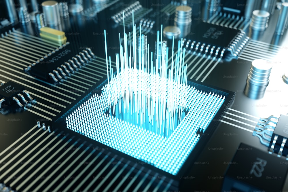 3D illustration computer chip, a processor on a printed circuit board. The concept of data transfer to the cloud. Central processor in the form of artificial intelligence. Data transfer.