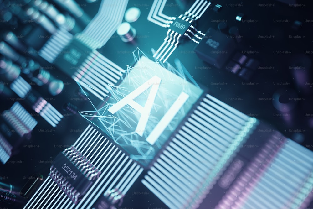 Illustration 3D de l’intelligence artificielle abstraite sur une carte de circuit imprimé. Technologie et concept d’ingénierie. Neurones de l’intelligence artificielle. Puce électronique, processeur de tête