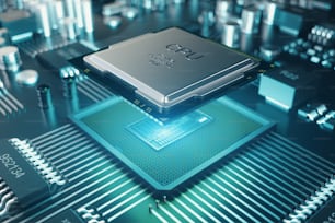 회로 기판. 기술 배경. 중앙 컴퓨터 프로세서 CPU 개념입니다. 마더보드 디지털 칩, 기술 과학 배경. 통합 통신 프로세서. 3D 그림