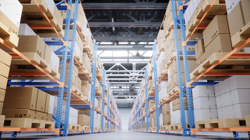 Warehouse with cardboard boxes inside on pallets racks, logistic center. Huge, large modern warehouse. Warehouse filled with cardboard boxes on shelves, boxes stand on pallets. 3D Illustration