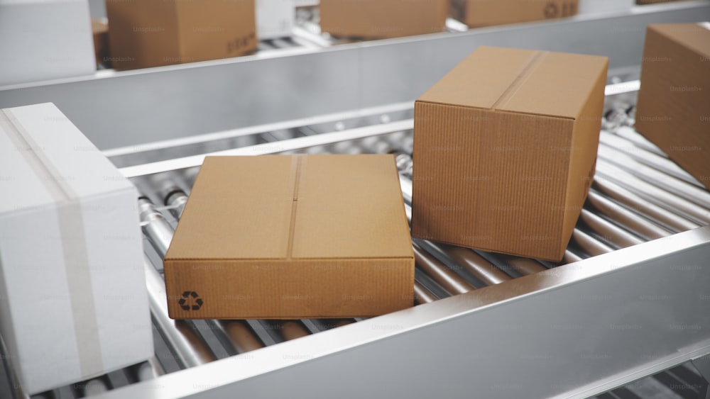 Packages delivery, packaging service and parcels transportation system concept, cardboard boxes on a conveyor belt in a warehouse. Three conveyor belts. 3d illustration
