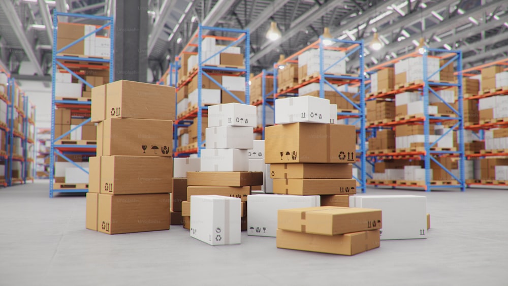 3Dイラストパッケージの配達、小包輸送システムのコンセプト、倉庫の中央にある段ボール箱の山。パレットラックの内部に段ボール箱がある倉庫。巨大な倉庫