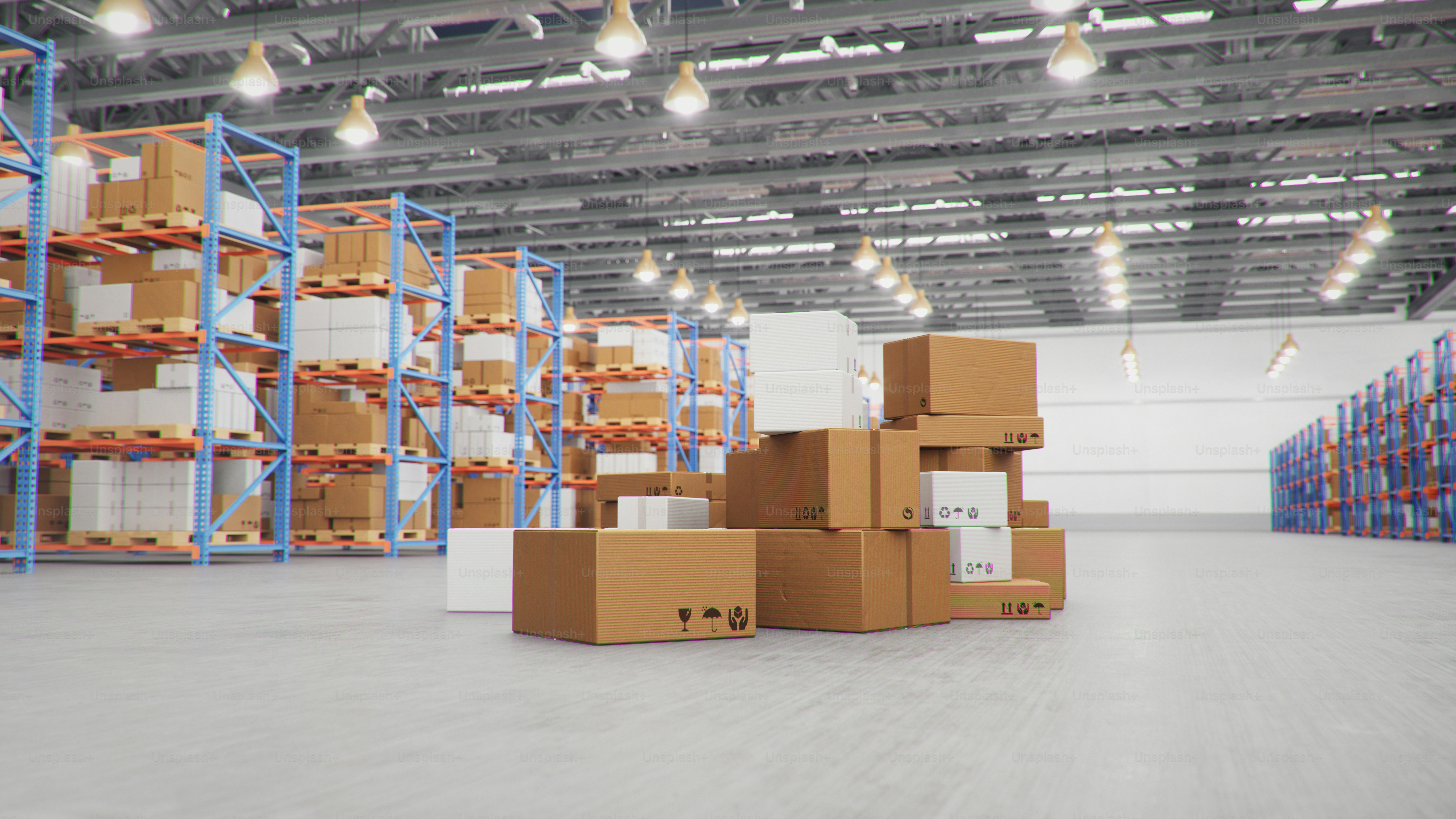 Cardboard boxes stacked on a warehouse floor with blue metal shelving units