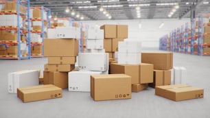 3D Illustration packages delivery, parcels transportation system concept, heap of cardboard boxes in middle of the warehouse. Warehouse with cardboard boxes inside on pallets racks. Huge warehouse