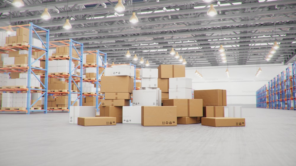 3D Illustration packages delivery, parcels transportation system concept, heap of cardboard boxes in middle of the warehouse. Warehouse with cardboard boxes inside on pallets racks. Huge warehouse