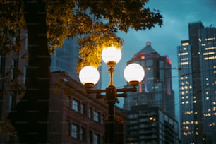 uma luz de rua em uma cidade à noite