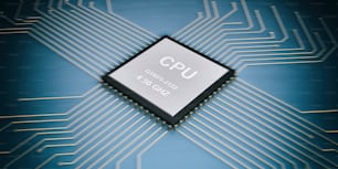 Rendering 3D Circuito elettronico processore CPU su sfondo blu