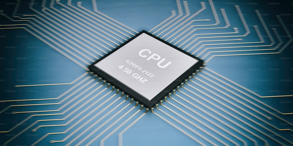 Procesador de CPU de circuito electrónico de renderizado 3D sobre fondo azul