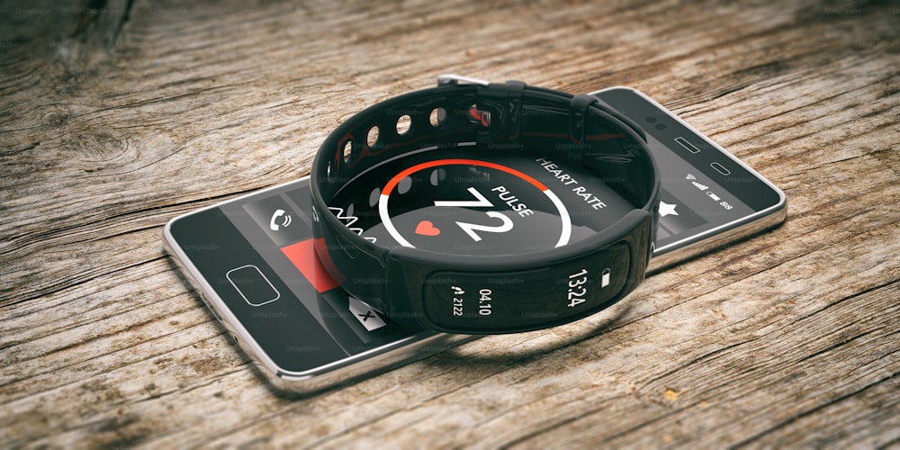 Fitness und Technik, gesunder Lebensstil. Fitness-Tracker, Smartwatch und Handy isoliert auf Holzhintergrund. 3D-Illustration