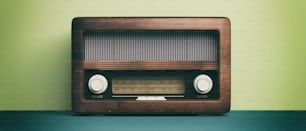 Rádio vintage, retrô. Rádio antiquado no fundo verde da parede pastel. Ilustração 3d