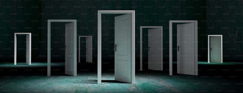 Business open opportunities concept, White doors opened on green weathered background, banner. 3d illustration