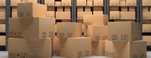 Distribution, cargo and logistics concept. Cardboard boxes on blur storage warehouse shelves background, 3d illustration