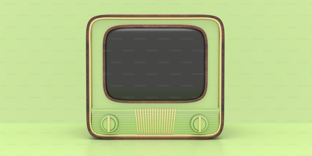 TV vintage. Receptor de televisión retro antiguo con pantalla vacía en blanco sobre fondo de color verde pastel, nostalgia de los años 50, plantilla. Ilustración 3D