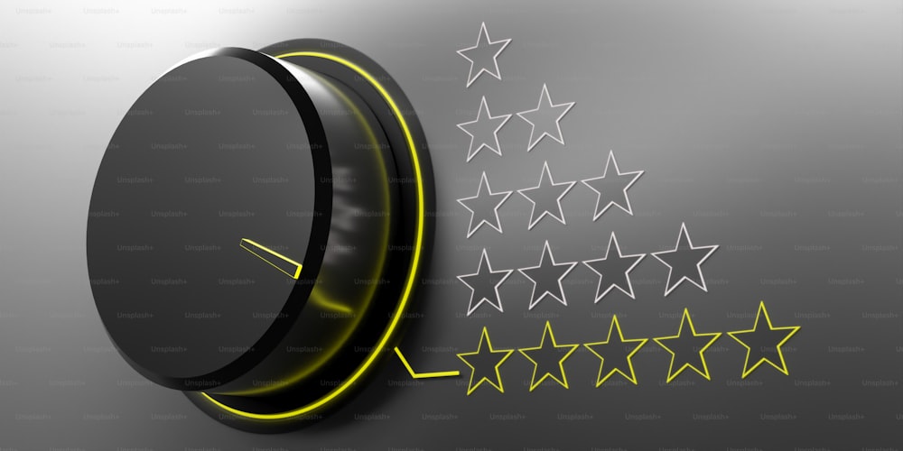 5 Sterne, High-Rating-Konzept. Knopf in schwarzer Farbe für Drehschalter und gelbe Skala auf grauem Hintergrund. Abstufung von 1 bis 5 Sternen, 3D-Illustration