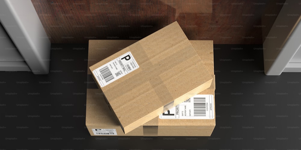 Parcels delivered, doorstep delivery concept. Brown boxes on gray floor and wooden door background, top view. Carton packages left on the apartment entrance door. 3d illustration