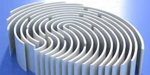 Fingerabdruck-Labyrinth weiße Farbe, digitale Identifikation, Zugangskontrolle auf blauem Hintergrund. Recherche, Suchzugriffskonzept. 3D-Illustration