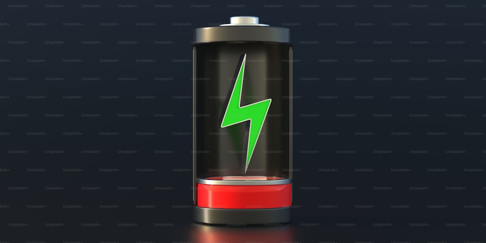 Battery empty, Red color low level indicator and green charging lightning on black background. Electric power energy supply source concept, mobile phone app symbol. 3d illustration